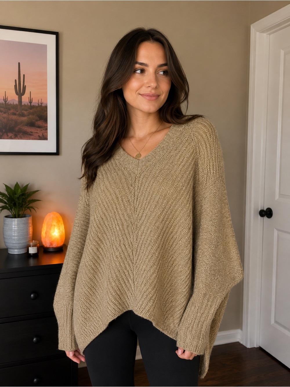 Women's V-Neck Oversized Sweater in Camel/Tan